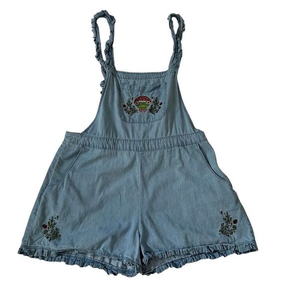 Hot Topic Denim Overall Romper Shorts Women’s Size 2 Mushroom Embroidered Cottag - Picture 1 of 11
